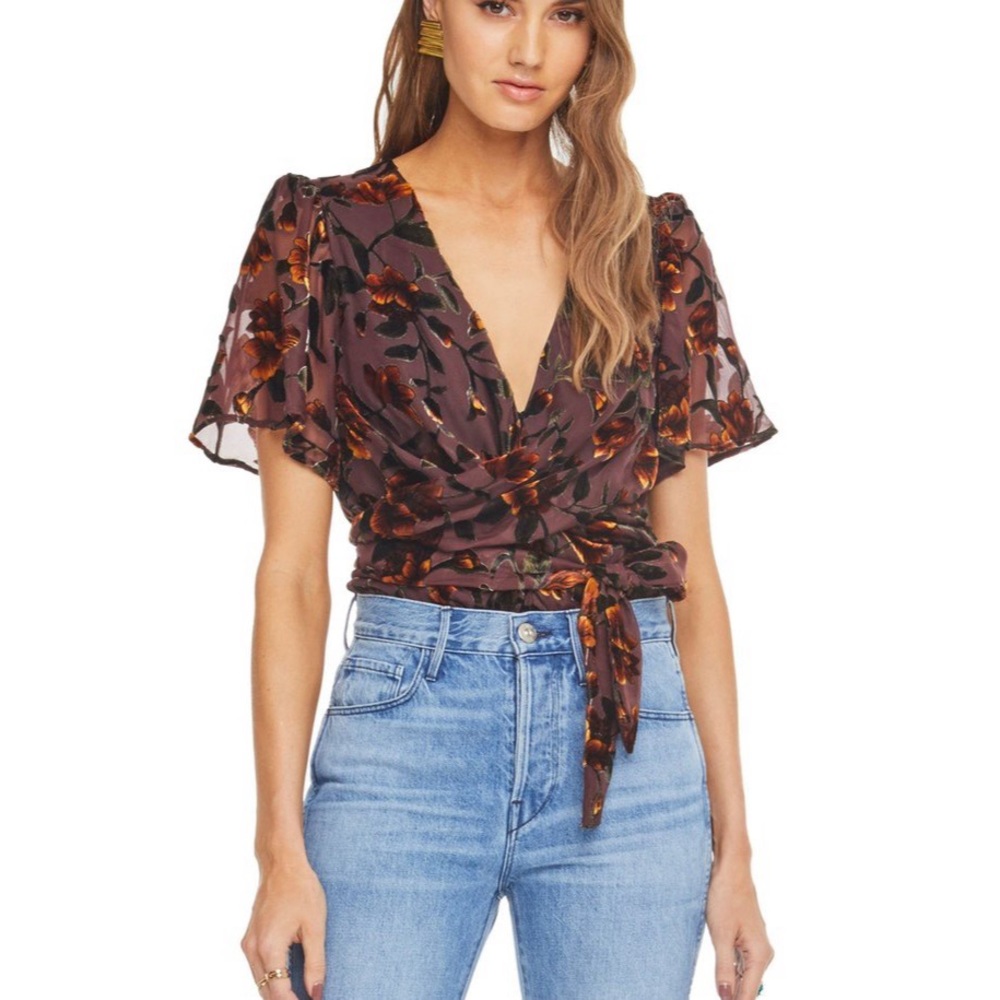 Astr Veda Floral Velvet Burnout Burgundy Wrap-Front Bodysuit Size Small